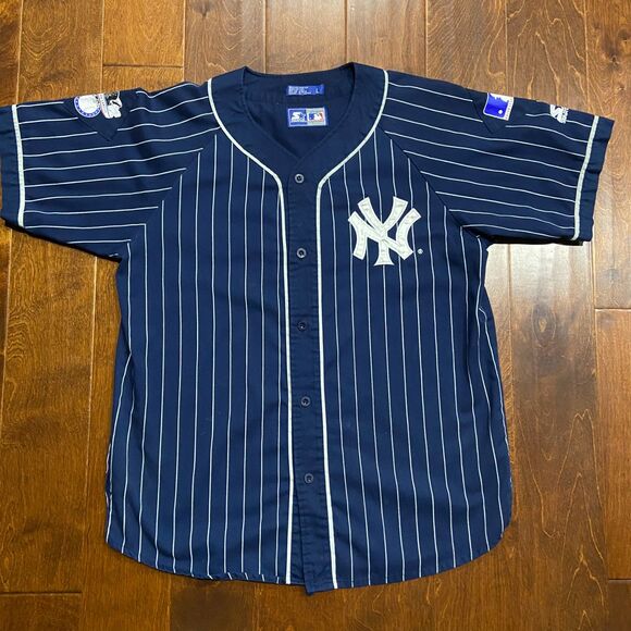 STARTER Vintage 90s MLB New York Yankees Baseball Jersey Navy White Pinstripe L - Picture 2 of 9